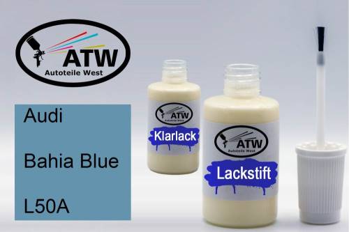 Audi, Bahia Blue, L50A: 20ml Lackstift + 20ml Klarlack - Set, von ATW Autoteile West.